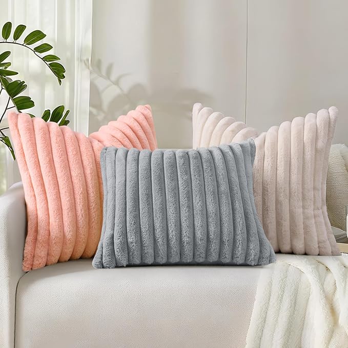 decorUhome Faux Fur Spring Throw Pillow Covers 22x22 Set of 2, Decorative Soft Plush Striped Neutral Couch Euro Sham Pillow Covers with Velvet Back for Sofa, Bed, Living Room Home, Blush Pink