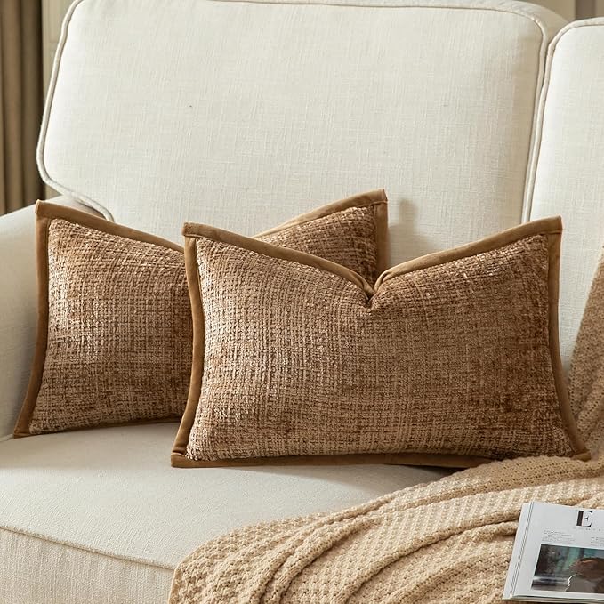 Yaertun Pack of 2 Chenille Textured Decorative Throw Pillow Covers Accent Solid Cushion Cover Soft Cozy Pillow Case with Velvet Back for Couch Sofa Bed Living Room 16x24 Inch Light Brown