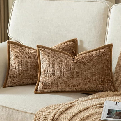 Yaertun Pack of 2 Chenille Textured Decorative Throw Pillow Covers Accent Solid Cushion Cover Soft Cozy Pillow Case with Velvet Back for Couch Sofa Bed Living Room 12x20 Inch Light Brown