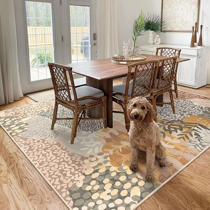 DEXDE 8x10 Area Rug, Fall Soft Washable Abstract Area Rugs Non-Slip Vintage Boho Rug Leaves Floral Print Carpet for Living Room, Bedroom, Entryway, Office,Dining Room, Kids Playroom, Camel
