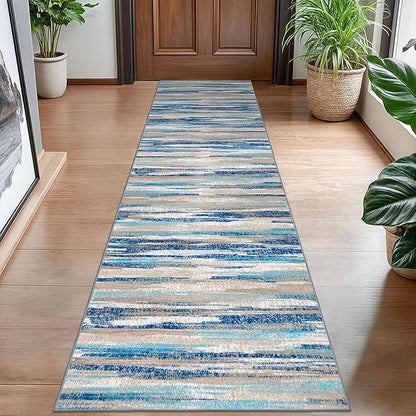 Modern Abstract Hallway Runner Rug, Blue Washable Kitchen Runner Non-Slip Soft 2x8 Runner Rug Thin Print Faux Wool Carpet for Entryway Bedroom Laundry Room Indoor