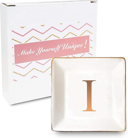 ANOTION Jewelry Tray Ring Dish with Ini-tial Gift- Personalized Trinket Dish and Jewelry Dish with Gold Initials Key Bowl Ceramic Holder, Unique Wedding or Engagement Present
