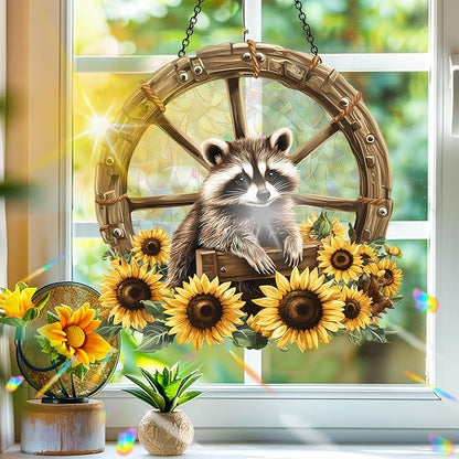 Bimkole Raccoon Sun Catchers Indoor Window - Sunflowers Acrylic Suncatcher Hanging Decoration for Living Room Bedroom Summer Home Balcony Outdoor Garden Ornaments Decoration 7.8x7.8 Inch