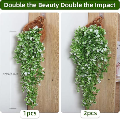 RECUTMS 2Pcs Artificial Hanging Flowers for Outdoor Decoration Fake Hanging Plants Faux White Flowers Artificial UV Resistant Plastic Greenery Vines Ivy for Outdoor Indoor Garden Party Decor（White）