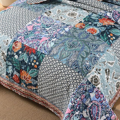 Cotton Bedspread Quilt Bedding Sets Reversible Coverlet Sets 3 Pieces Vintage Floral Blue Teal Patchwork Bedspread, King Size
