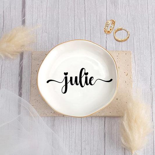 JoycuFF Julie Personalized Name Ceramic Jewelry Tray, Mothers Day Christmas Anniversary Engagement Birthday Gifts for Women Couples, Trinket Dish for Rings Earrings Necklaces Bracelets Keys