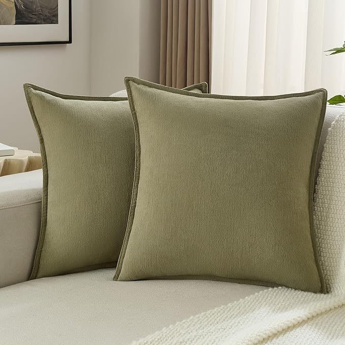 FUTEI Olive Green Chenille Throw Pillow Covers 16x16 Inch Set of 2,Edges Double-Stitched Cushion Cases,Modern Home Decor for Couch Living Room