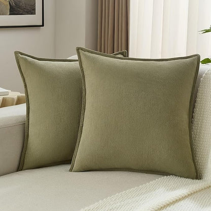 FUTEI Olive Green Chenille Throw Pillow Covers 26x26 Inch Set of 2,Edges Double-Stitched Euro Pillow Shams,Modern Home Decor for Couch Living Room