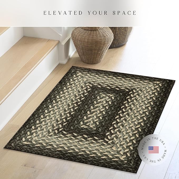 Maples Rugs Marion Bohemian Braided Design Print Area Rug – Made in USA – Washable, Non Slip Indoor Carpet for Entryway, Foyer, Kitchen, and Bathroom, 46" x 30", Black