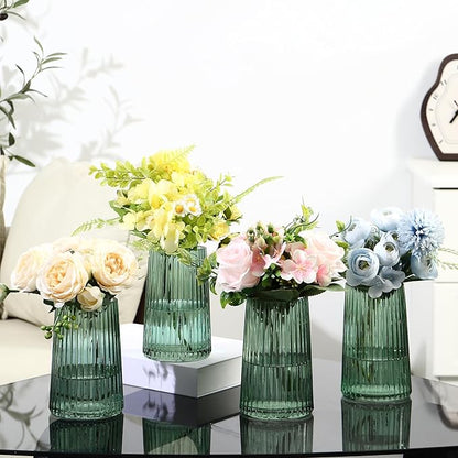 Green Glass Vases Set of 4, Small Vases for Flowers, Flower Vase for Bouquet, Modern Ribbed Glass Vase for Living Room, Bedroom, Dining Table, Office, Wedding, Centerpieces