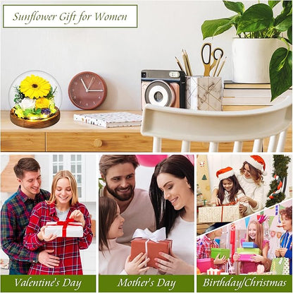 Sunflower Gifts for Women Mom Valentines Day Gifts for Her Preserved Real Flowers in Glass Dome with LED Strip, Forever Flowers Gifts for Wife Girlfriend Mom on Mother Day Birthday Christmas