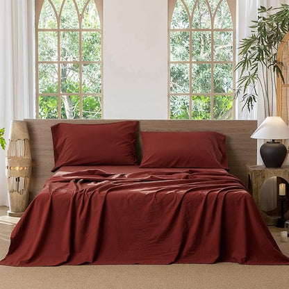 MooMee Bedding Sheet Set 100% Washed Cotton Linen Like Textured Breathable Durable Soft Comfy (Solid Fired Brick Red, King)
