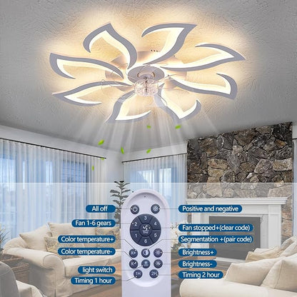HuixuTe 32" White Modern 8-head Geometric Ceiling Fan with Lights Remote Control, Low Profile Ceiling Fan with Light for Kitchen Bedroom Living Room