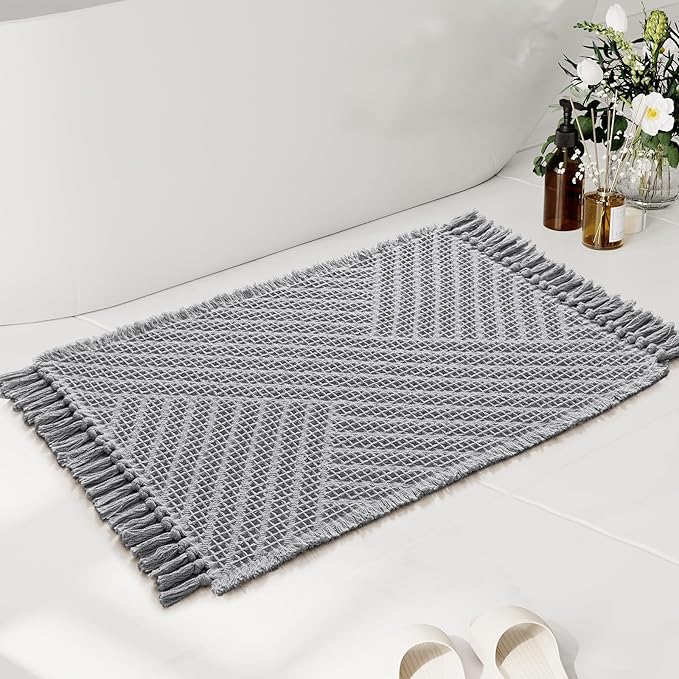 H.VERSAILTEX Waffle Bath Mat Super Absorbent Boho Bath Mat Non Slip Bath Rugs for Bathroom Floor Machine Washable Dry Fast Bathroom Rugs with Tassels, 24" x 36", Dove