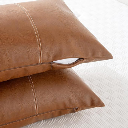 Fancy Homi 2 Packs Brown Boho Long Lumbar Faux Leather Body Decorative Throw Pillow Cover 14x36 Inch for Bedroom Couch Bed Bench, Hand Stitched Stylish Pillowcase, Rustic Modern Farmhouse Room Decor
