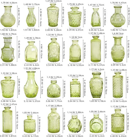 Embossed Bud Vases Set of 24, Vintage Flower Vase Green Glass Mini Vases for Centerpieces, Decorative Small Vase Bulk for Flowers, Wedding Table Decorations, Party, Baby Shower, Home Decor,