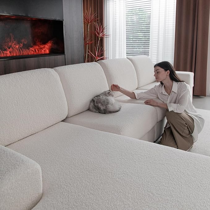 Couch Cushion Covers for Sectional Sofa, Stretch Soft Sofa Slipcovers Washable Wear-Resistant Universal Furniture Protector for Living Room(3 Seaters Covers+1 Chaise Cover, Ivory)