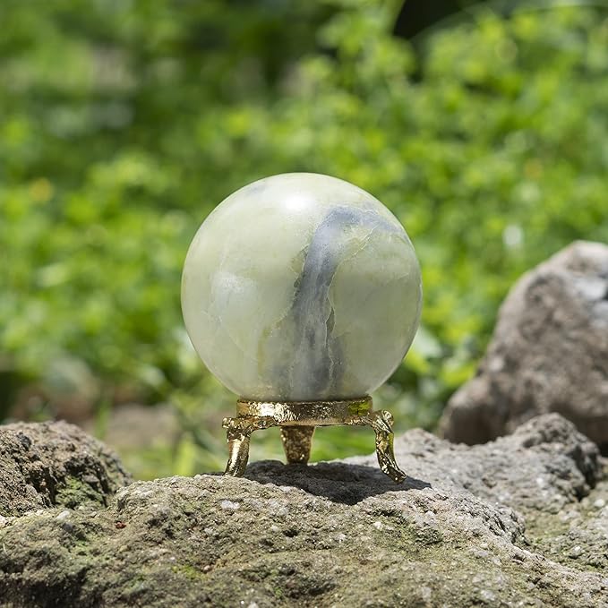 Crocon Serpentine Stone Sphere Ball with Metal Stand - 1400+ Carats Healing Sphere Sculpture for Fengshui, Home Decoration, Photography