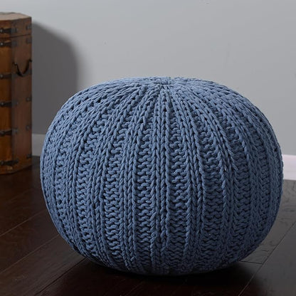LR Home Blue Cableknit Cotton Round Ottoman for Home Décor | Hand-Made Farmhouse Foot Rest for Bedroom & Living Room | 20 x 20 x 16 Stuffed Pouf for Seating