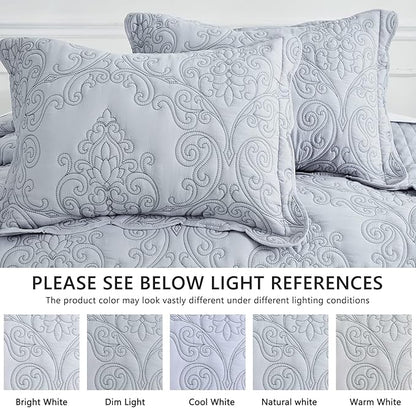 CHIXIN Bedspread Coverlet Quilt Set Full Size - Lightweight Bedding Cover - Beautiful Stitching - 5 Piece Reversible Bedspread - Luxury Damask Paisley Pattern (Full, Light Grey)