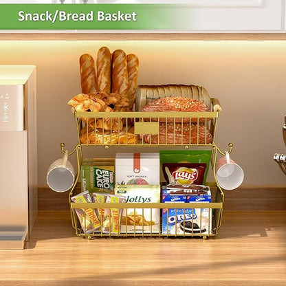 2 Tier Fruit Basket for Kitchen Counter with 2 Banana Hangers, Countertop Metal Fruit Bowl with Wooden Handle, Large Storage Stand for Vegetables, Snacks, Breads, Produce Storage – Gold