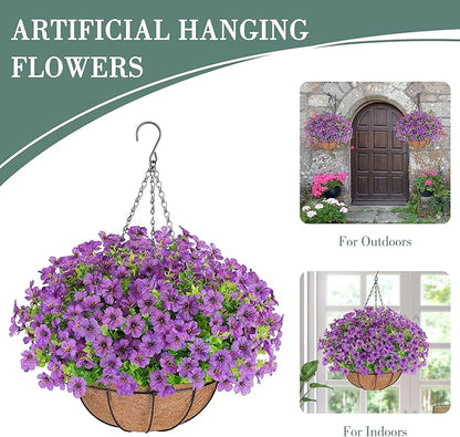 Artificial Flowers Hanging Plants in Basket,Artificial Hanging Flowers for Outdoor Indoor Decor,UV Resistant Hanging Baskets with Fake Flowers for Patio Garden Porch Deck Decoration
