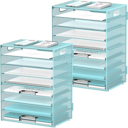 DALTACK 9-Tier Paper Letter Tray Desk Organizer with Handles, Mesh File Holder Organization, Paper Sorter Desk Organizer for Office Home School, Blue 2 Pack