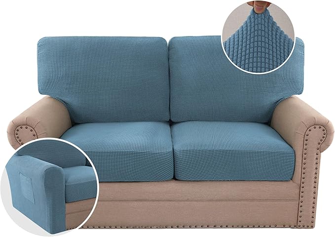 H.VERSAILTEX Multi-Pieces Sofa Covers Stretch Couch Covers Form Fitted Seats and Back Cushions Covers (2 Seat Covers Plus 2 Back Cusion Covers, Bonus 2 Armrest Covers), Dusty Blue