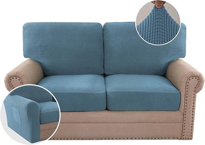 H.VERSAILTEX Multi-Pieces Sofa Covers Stretch Couch Covers Form Fitted Seats and Back Cushions Covers (2 Seat Covers Plus 2 Back Cusion Covers, Bonus 2 Armrest Covers), Dusty Blue