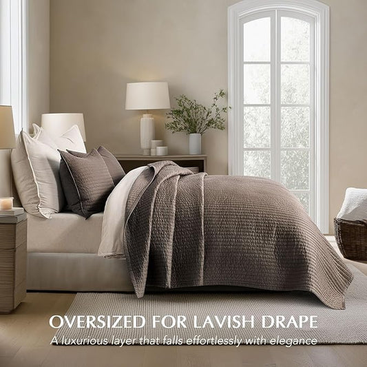 EVERGRACEHOME Cotton Sateen Quilt Set King Size, Pre-Washed Cotton Channel Stitch Coverlet Bedspread, 3 Pieces Lightweight Soft Bedding Sets for All Season, with 2 Pillow Shams, Mocha Brown