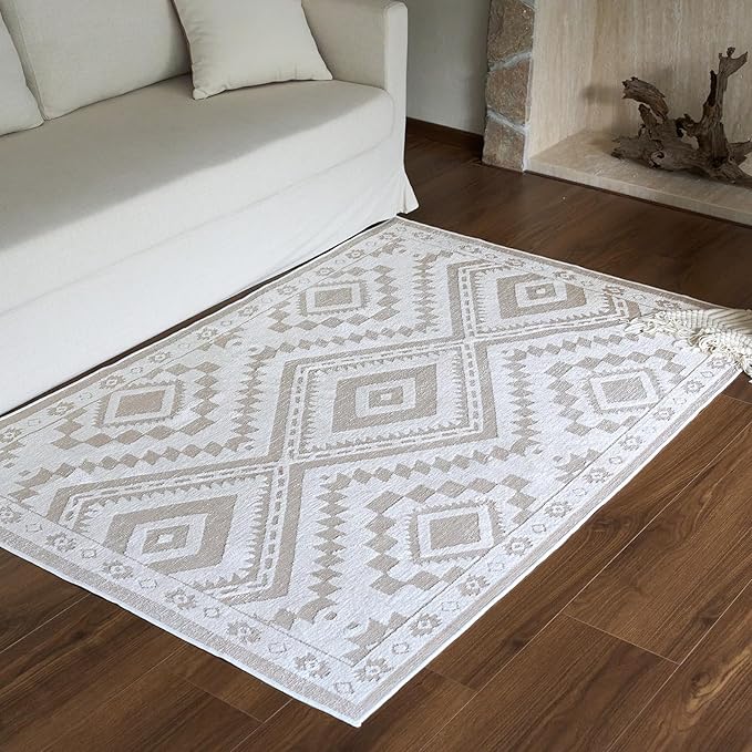 Moroccan Washable Area Rug 4x6, Geometric Decorative Woven Rug Low Pile, Non-Slip Boho Accent Farmhouse Soft Area Rug for Living Room Bedroom Laundry Nursery Kitchen, Cream/White