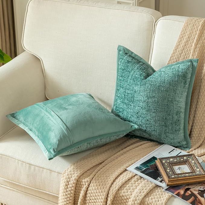 Yaertun Pack of 2 Chenille Textured Decorative Throw Pillow Covers Accent Solid Cushion Cover Soft Cozy Pillow Case with Velvet Back for Couch Sofa Bed Living Room 12x20 Inch Teal