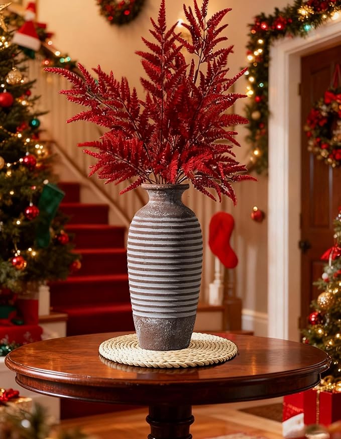 Ceramic Rustic Vase, 14.4 Inch Large Vintage Flower | Threaded Decorative Farmhouse Tall Vase for Home Decor, Living Room, Shelf Decor, Wedding Housewarming Gift, Khaki