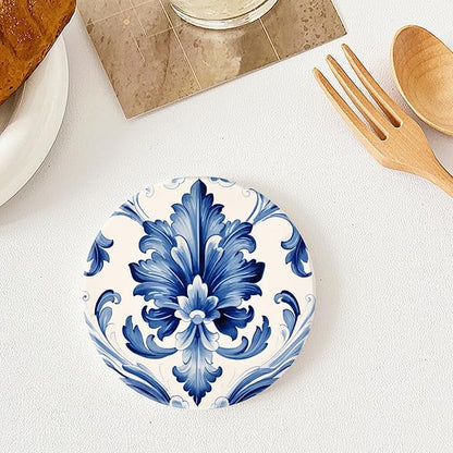 Ceramic Drinking Coasters Set of 4,Water Absorbent Marble Ceramic Coasters Tabletop Protection,Blue Watercolor Texture Elements China Flower,Suitable for Various Cups,Home Decor，4 Inch
