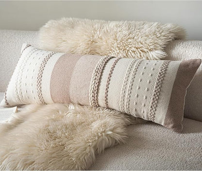 Boho Lumbar Pillow Covers 14x36 Inch Long, Khaki Textured Decorative Couch Pillow Cases for Farmhouse Home Decor, Accent Cushion Cover for Sofa, Bed, Living Room, Bedroom, Pack of 1