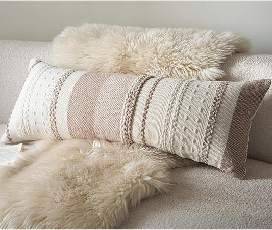 Boho Lumbar Pillow Covers 14x36 Inch Long, Khaki Textured Decorative Couch Pillow Cases for Farmhouse Home Decor, Accent Cushion Cover for Sofa, Bed, Living Room, Bedroom, Pack of 1