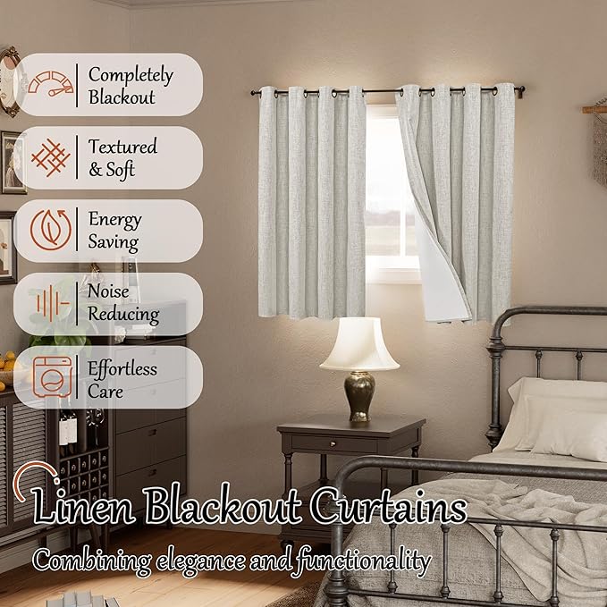 Lajode Blackout Curtains 54 Inch Length 2 Panels for Bedroom, Thermal Insulated Total Light Blocking Noise Reducing Linen Window Curtains for Farmhouse, Bronze Grommet, Light Grey, Each 52" Wide