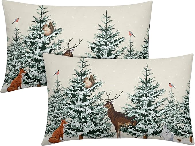 Christmas Tree Lumbar Pillow Covers 12x20 Set of 2 Deer Animal Print Decorative Outdoor Dark Green Xmas Throw Pillow Cases Rustic Winter Holiday Decoration Farmhouse Sofa Couch Cushion Cover Bed Decor