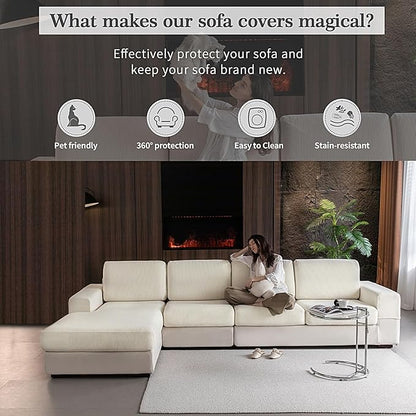 Sectional Couch Covers, Wear Resistant Stretch Sofa Covers Washable Soft Couch Cushion Covers Anti Slip Furniture Protector Sofa Slipcovers for Pets (1 Piece Loveseat Cover, Ivory)
