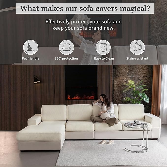 Sectional Couch Covers, Wear Resistant Stretch Sofa Covers Washable Soft Couch Cushion Covers Anti Slip Furniture Protector Sofa Slipcovers for Pets (1 Piece Chair Cover, Ivory)