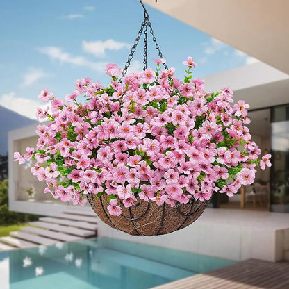 Artificial Fake Hanging Flowers Plants Basket for Outdoors Outside Spring Decoration,Hanging Planters with Faux Silk Flowers Realistic UV Resistant for Balcony Porch Patio Garden Fron Home Decor（Pink）