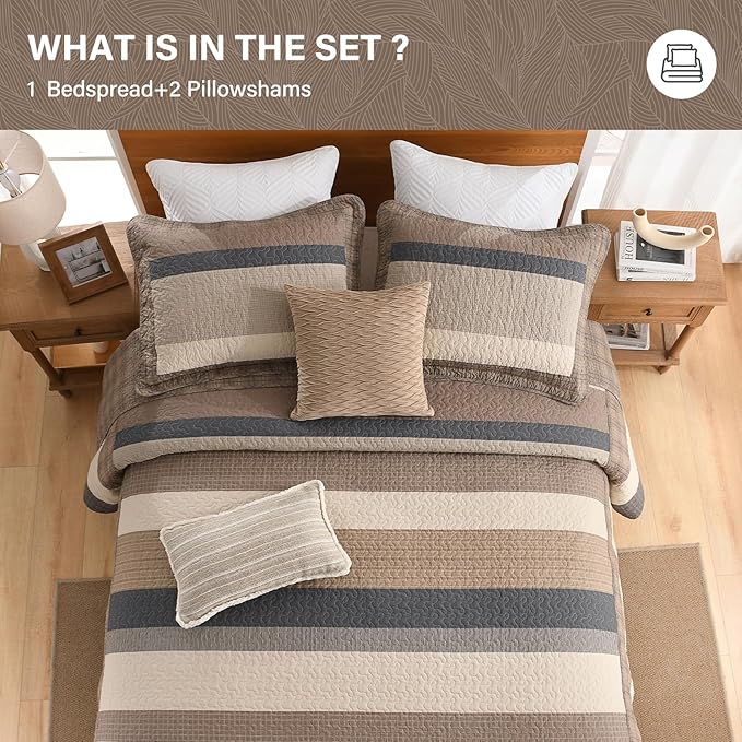 SahSahCasa 120"x120" 100% Cotton Oversized California King Bedspread Coverlet Quilt Set, Cal King Quilted Striped Bedspread Extra Large Quilt, XL Bed Spread Lightweight Comforter,Charcoal/Beige/Brown