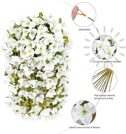 Bougainvillea Artificial Flowers Fake Plants for Outdoors Winter Decoration, 2 pcs Faux Long Trailing Vines UV Resistant Look Real White Silk Flowers for Outside Planter Front Door Porch Urn Yard Home
