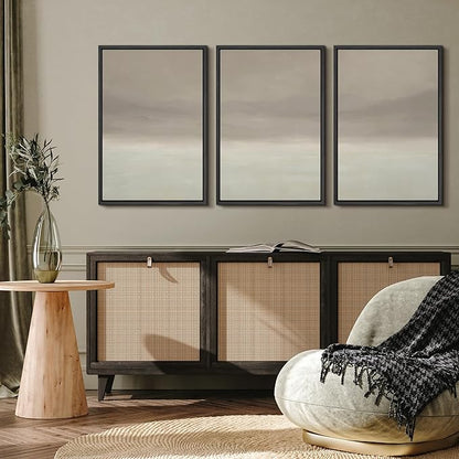 MUDECOR Framed Wall Art Print Set Misty Horizon Minimalist Foggy Mountain Landscape in Soft Neutral Tones Illustrations Realism Decorative for Living Room, Bedroom, Office - 24"x36"x3 Black