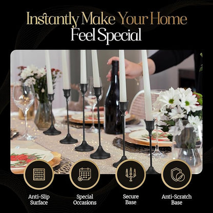 Black Candleholders for Taper Candlesticks Plus Candle Snuffer – Dining Table Décor Centrepiece - Metal Candelabra Candlestick Holder - Black Décor for Home Weddings Celebrations Events (Set of 6 Pcs)