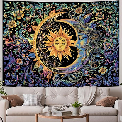 Sun and Moon Tapestry Psychedelic Mystic Floral Tapestry Hippie Boho Flower Plants Wall Tapestries Vintage Aesthetic Tapestries Wall Hanging for Bedroom