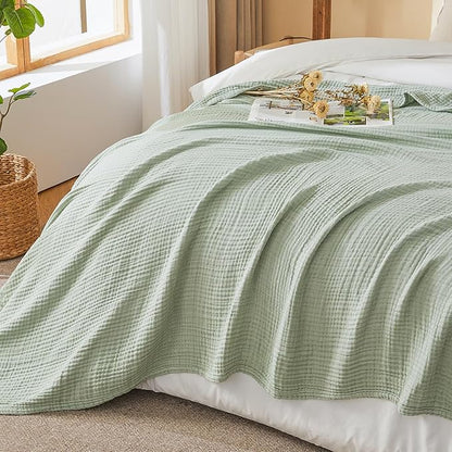 EMME Cotton Muslin King Blanket Bed Layering Bedspread Coverlet Breathable Gauze Soft Lightweight (Heather Sage Green, 108"x90")