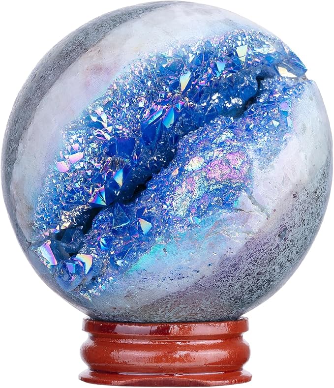 Sportmusies Titanium Coated Rock Crystal Geode Ball with Wooden Stand, Druzy Quartz Stone Cluster Sphere Reiki Home Office Decoration, Blue