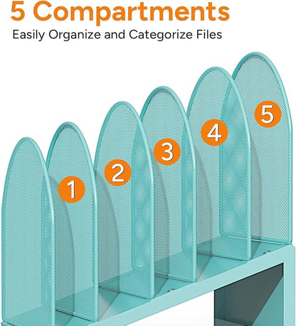 5-Section Desk File Organizer, Metal Mesh Folder Organizer for Documents, Mail & Office Papers (Blue)