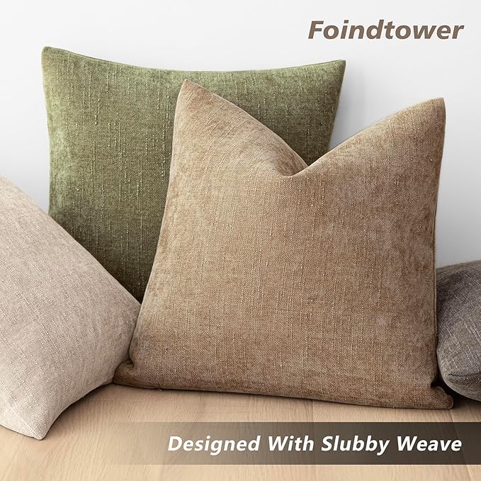 Foindtower Pack of 2 Textured Chenille Throw Decorative Pillow Covers Square Accent Solid Cushion Cover Neutral Farmhouse Pillow Case for Couch Sofa Bedroom Living Room 26x26 Inch,Taupe Khaki Camel